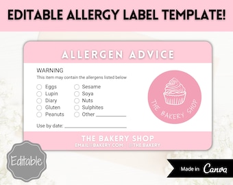 EDITABLE Allergy Label Template, Allergen Label, Allergy Information Stickers, Cakes, Baking business, Canva, Food Warning, Alert, Cupcakes