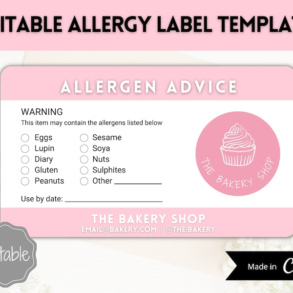 Allergen Label Template, Editable allergy Label, Allergy Information Stickers, Cakes, Baking business, Canva, Food Warning, Alert, Cupcakes