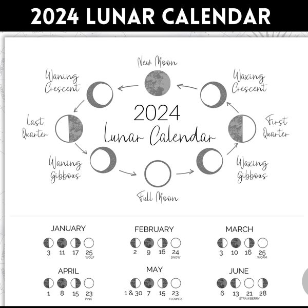 2024 Lunar Calendar, Printable Moon Calendar, 2024 Moon Phases, Astrology, 2024 Wall Calendar Printable, Full Moon, Poster, Wall Art