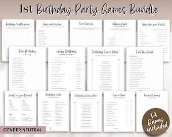 First Birthday Games, Printable BUNDLE of 14 party games for baby’s 1st birthday, 1 year old birthday, boy, girl, trivia, neutral boho signs