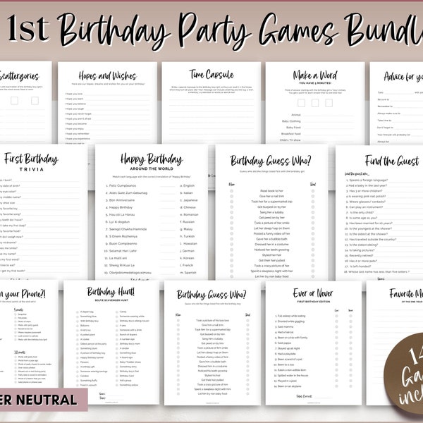 Erste Geburtstagsspiele, druckbares Paket mit 14 Partyspielen für Babys 1. Geburtstag, 1 Jahr alt Geburtstag, Junge, Mädchen, Trivia, neutrale Boho-Zeichen