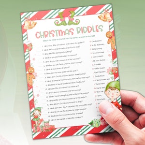 May include: A printable Christmas-themed game with 20 riddles and answers. The game features illustrations of elves, gingerbread men, bells, and presents. The text on the game reads "Christmas Riddles".