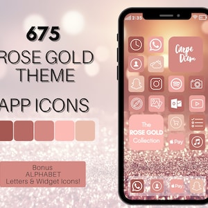May include: A smartphone mockup with a rose gold theme app icon set. The icons are in various shades of pink and brown. The phone screen displays a collection of app icons with white outlines and the text "The Rose Gold Collection" and "Carpe Diem".