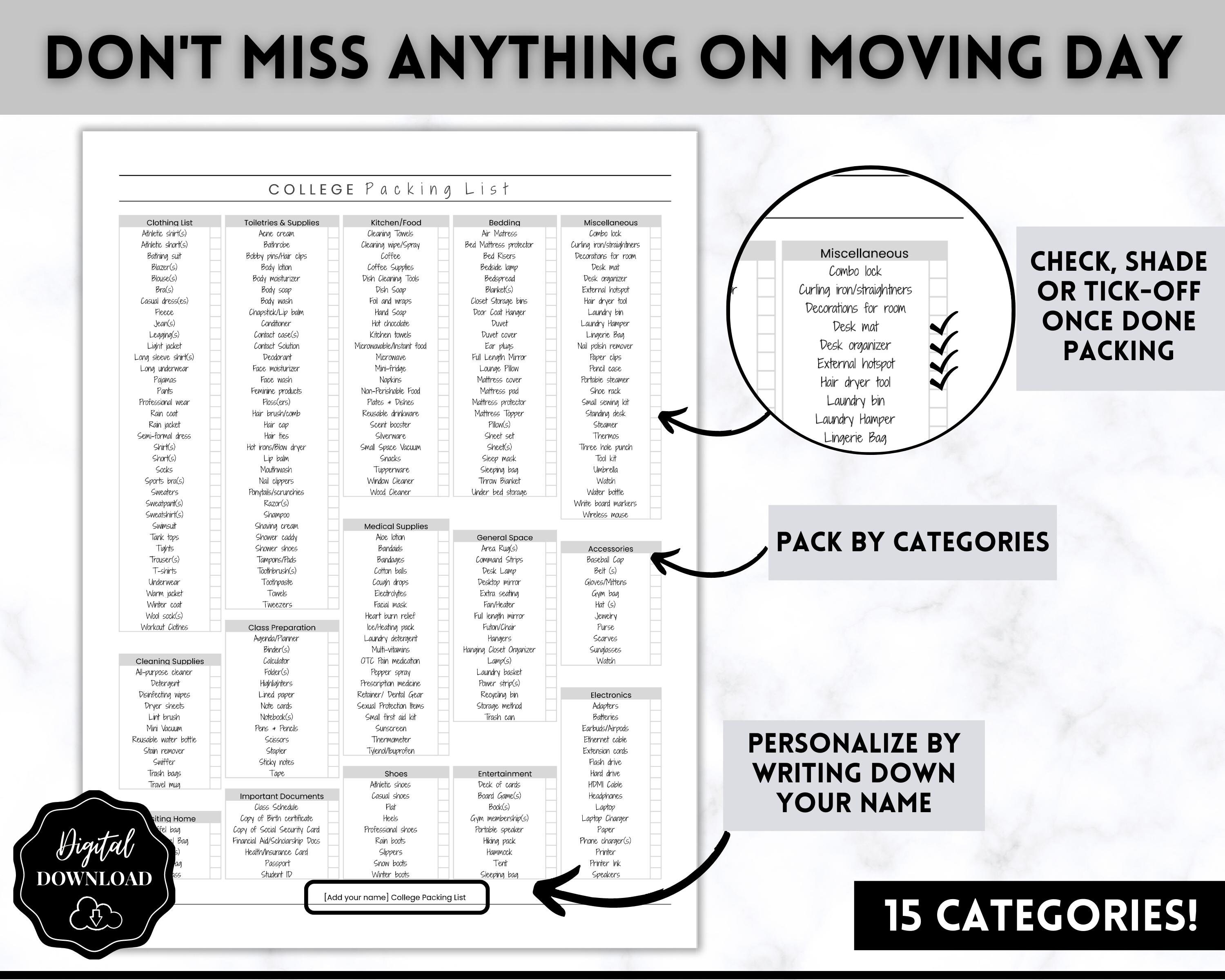College Packing List, EDITABLE Packing Checklist, Back to School ...