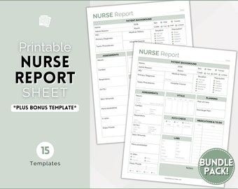 Könnte beinhalten: Druckbare Krankenpflege-Berichtsbögen mit hellgrünem und weißem Design. Die Bögen enthalten Abschnitte für den Hintergrund des Patienten, Beurteilungen, Vitalwerte und Medikamente. Der Text "NURSE REPORT SHEET" ist prominent dargestellt.