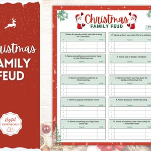 Op de afbeelding: Een printbaar kerstspel 'Family Feud' met een rode achtergrond en groene en witte accenten. Het spel bevat 10 vragen met ruimte voor antwoorden en punten.
