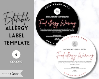EDITABLE Allergy Label Template, Allergen Label, Allergy Information Stickers, Cakes, Baking business, Canva, Food Warning, Alert, Cupcakes
