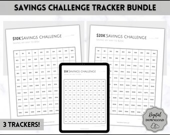 Savings Challenges, 5k, 10k & 20k Saving Tracker Printable BUNDLE, 5000, 10000, 20000, 100 Day, Cash Envelopes, Save Money, Budget, Finance