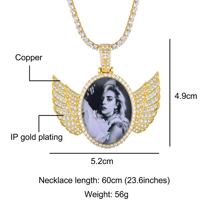 Angel Wing Custom Photo Pendant Necklace,Iced Out Personalized Memorial Pendant Necklace,Birthday Gift for her,gift for him,Hip Hop Jewelry