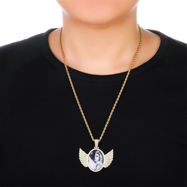 Angel Wing Custom Photo Pendant Necklace,Iced Out Personalized Memorial Pendant Necklace,Birthday Gift for her,gift for him,Hip Hop Jewelry