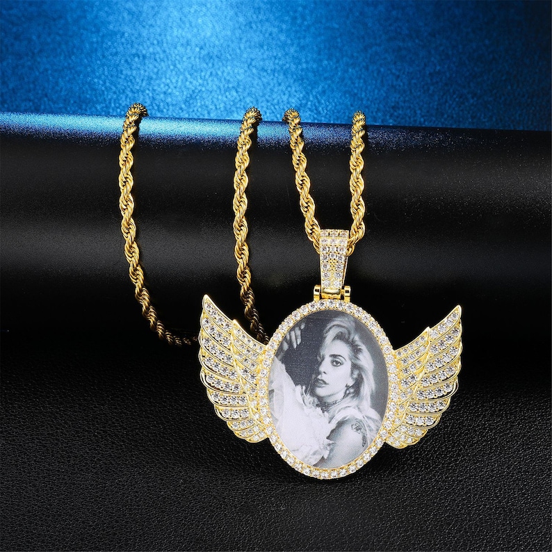 Angel Wing Custom Photo Pendant Necklace,Iced Out Personalized Memorial Pendant Necklace,Birthday Gift for her,gift for him,Hip Hop Jewelry