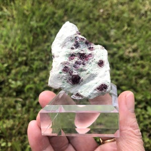 May include: A natural mineral specimen featuring a white matrix with embedded deep red crystals and green accents. The mineral is displayed on a clear, geometric stand, held against a backdrop of green grass.