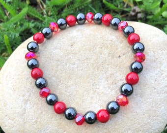 Magnetic hematite and red agate ball bracelet 6mm