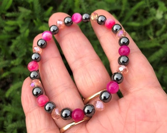 Magnetic hematite and pink agate ball bracelet 6mm