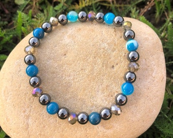 Magnetic hematite and blue agate ball bracelet 6mm