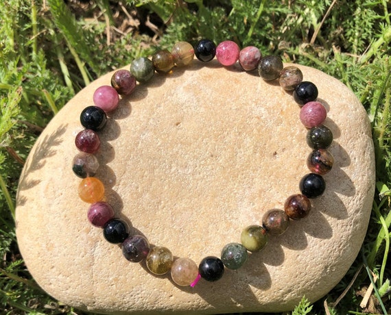 Bracelet En Pierres Tourmaline Multicolore - Perles 8mm - Pour Équilibre Et Énergie
