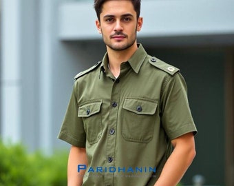 Olive Green Military Style Utility Shirt for Men Zoo Keeper Bush