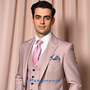 Pink 3 piece 120s wool wedding suit for groom and bestman, for reception, Classic peak lapel, Stylish outfit for bestman | Paridhanin