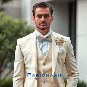 Ivory 3 Piece Wedding Suit for Men | Embroidered Slim Fit Tuxedo | Tailored Reception Outfit for Groom | Paridhanin