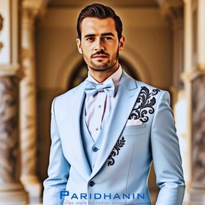 Sky Blue 3-piece Wedding Suit for men for parties, receptions, Stylish tailored outfit for Groom | Paridhanin