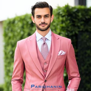 Pink 3 Piece Wedding Suit for Men | Embroidered Slim Fit Tuxedo | Tailored Groom Outfit for Reception or Party | Paridhanin