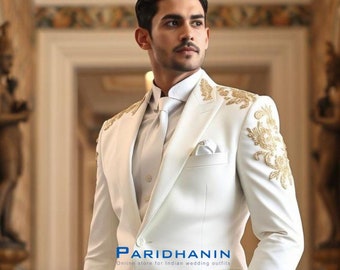 Ivory and Gold 2 Piece Wedding Suit for Men | Tailored Tuxedo with Subtle Gold Detailing | Groom Outfit for Reception or Party | Paridhanin
