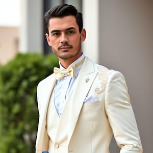 Ivory 3 Piece Wedding Suit for Men | Light Gold Embroidered Tuxedo | Tailored Reception Outfit for Groom | Paridhanin
