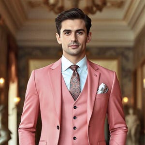 Coral pink three piece wedding suit for men with a subtle sheen, Classic notch lapel, Stylish outfit, tailor-made  | Paridhanin