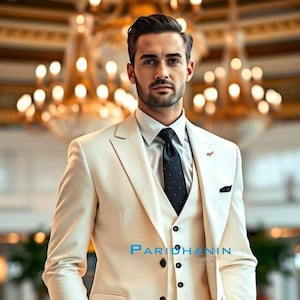 Ivory Tuxedo Suit for Men – Slim Fit 3 Piece Formal Tux | Elegant Wedding Groom Attire | Classic Ivory Blazer for Special Events