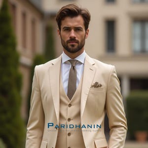 Beige Suit for Men Three-Piece | Classic Style Elegant Outfit | Notch Lapel Formal Attire | Tailored Trousers Timeless Design