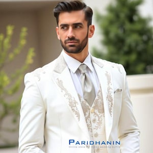 Ivory 3 Piece Wedding Suit for Men | Slim Fit Embroidered Tuxedo | Tailored Reception Outfit for Groom | Paridhanin