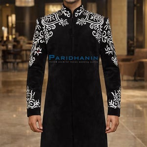 Golden Embroidered Mens Black Velvet Traditional Sherwani for Groom
