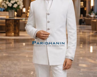 Mens White Bandhgala Wedding Suit Elegant Groom Jodhpuri Indo Western Outfit | Paridhanin.