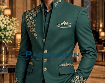 Mens Emerald Green Embroidered Jodhpuri Bandhgala Wedding Groom Suit Gold Floral Formal Outfit | Paridhanin.
