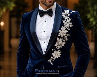Mens Navy Blue Velvet 2 Piece Suit Wedding Groom Silver Floral Tuxedo | Paridhanin.