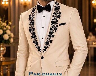 Mens Ivory Embroidered 2 Piece Suit Wedding Groom Tuxedo Black Floral Lapel Formal | Paridhanin.