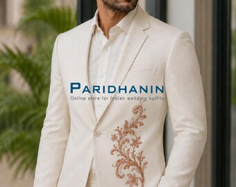 Mens Ivory Embroidered 2 Piece Suit Wedding Groom Floral Blazer Formal Outfit | Paridhanin.