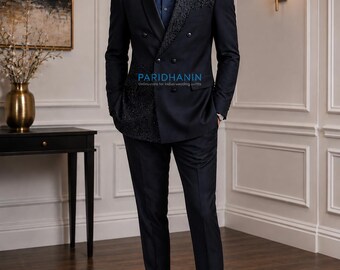 Mens Black Beaded Tuxedo Wedding Groom Suit Double Breasted Embellished Formal Outfit | Paridhanin.