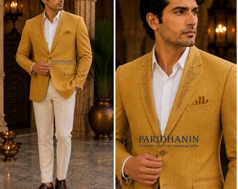 Mens Mustard Gold Herringbone Blazer Wedding Groom Embroidered Lapel Formal Jacket | Paridhanin.