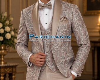 Mens Beige Paisley 3 Piece Wedding Groom Suit Brocade Tuxedo Formal Outfit | Paridhanin.