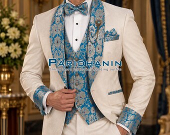 Mens Ivory Blue Brocade 3 Piece Tuxedo Wedding Groom Suit Shawl Lapel Style | Paridhanin.