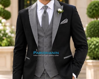 Mens Black Gray 3 Piece Tuxedo Wedding Groom Suit Peak Lapel Formal Prom Outfit | Paridhanin.
