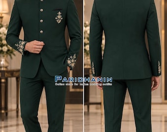 Mens Dark Green Embroidered 2 Piece Jodhpuri Suit Wedding Groom Bandhgala Outfit | Paridhanin.