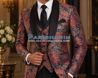 Mens Navy Red Floral Brocade 3 Piece Wedding Groom Tuxedo Black Satin Lapel | Paridhanin.
