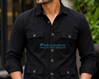 Mens Black Utility Shirt Jacket Casual Button Down Safari Over shirt Long Sleeve | Paridhanin.