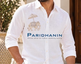 Mens White Linen Embroidered Shirt Elephant Design Wedding Resort Casual Outfit | Paridhanin.