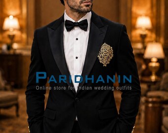 Mens Black Embroidered 2 Piece Tuxedo Suit Wedding Groom Gold Formal Outfit | Paridhanin.
