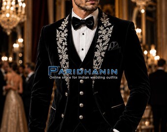 Mens Black Velvet 3 Piece Tuxedo Wedding Groom Suit Silver Embroidered Formal | Paridhanin.