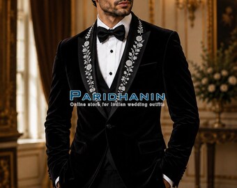Mens Black Velvet Tuxedo 3 Piece Wedding Groom Suit Silver Embroidered Lapel | Paridhanin.
