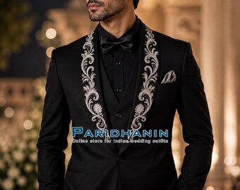 Mens Black Embroidered 3 Piece Tuxedo Suit Wedding Groom Silver Lapel Formal Suit | Paridhanin.